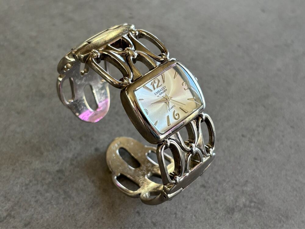 Embassy by Gruen Ladies Quartz Watch Tonneau Silver Dial Bangle Bracelet Working